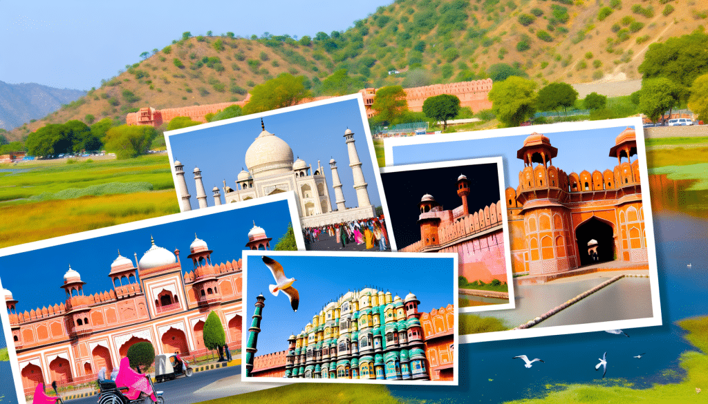 What’s the Best Time to Explore India’s Golden Triangle? Vibrant travel scene of India’s Golden Triangle with Taj Mahal, Hawa Mahal, and Red Fort under clear skies