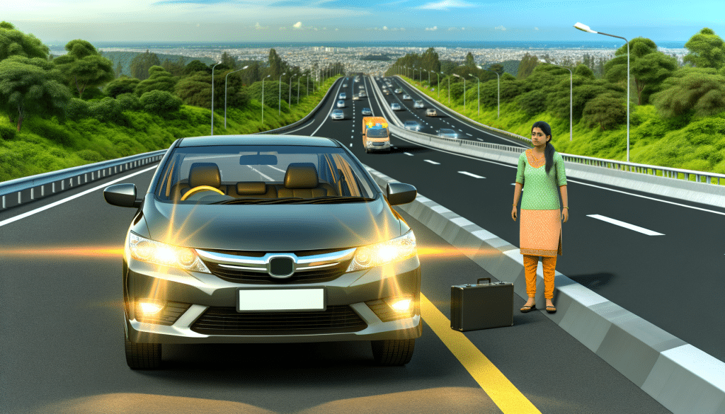 Car safely pulled over on highway with hazard lights on, person waiting for help