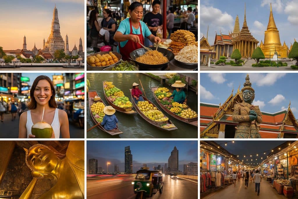 Bangkok skyline with Chao Phraya River and Wat Arun temple