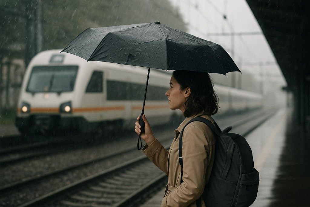 Compact travel umbrella tucked into carry-on suitcase pocket with raindrops