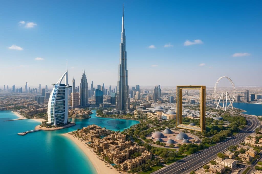 Top 10 Must-Visit Attractions in Dubai Dubai skyline featuring Burj Khalifa and iconic landmarks under a bright blue sky