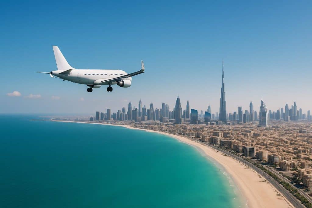 Weekend Escapes: Quick and Affordable Jeddah to Dubai Flights Airplane flying over Dubai skyline, highlighting affordable weekend escapes from Jeddah to Dubai