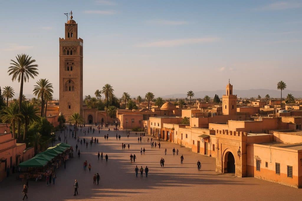 Colorful Moroccan marketplace with traditional lanterns and textiles reflecting rich local culture