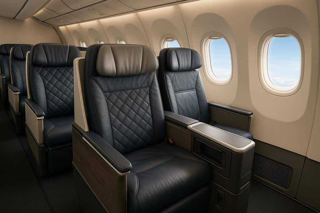 Luxurious business class airplane cabin featuring spacious seats and premium travel amenities