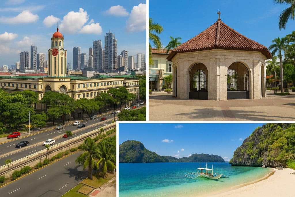 Manila skyline, Cebu beach, and Palawan limestone cliffs highlighting top travel destinations