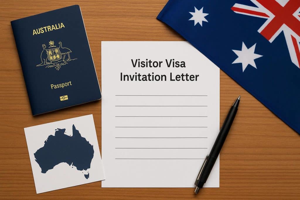 Australian visitor visa application with invitation letter and passport on an office desk