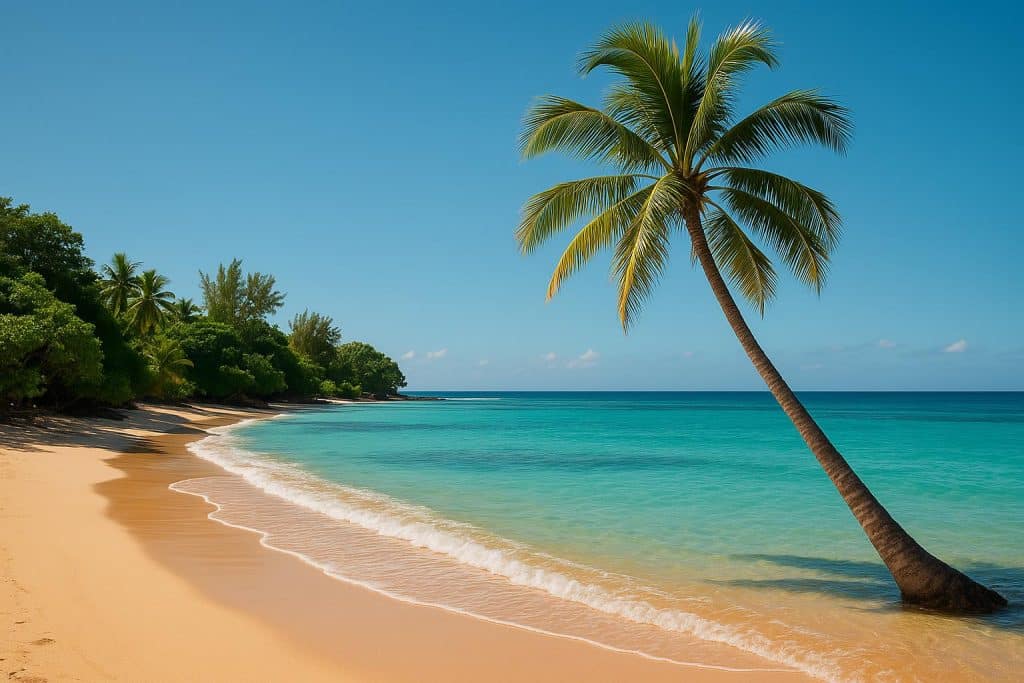 Tropical beach with clear blue water and palm trees, symbolizing relaxation and rejuvenation