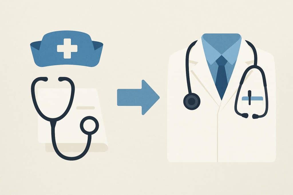 How to Go From Nurse to Doctor: The Path From RN to MD Stethoscope and medical textbooks symbolizing the career path from nurse to doctor
