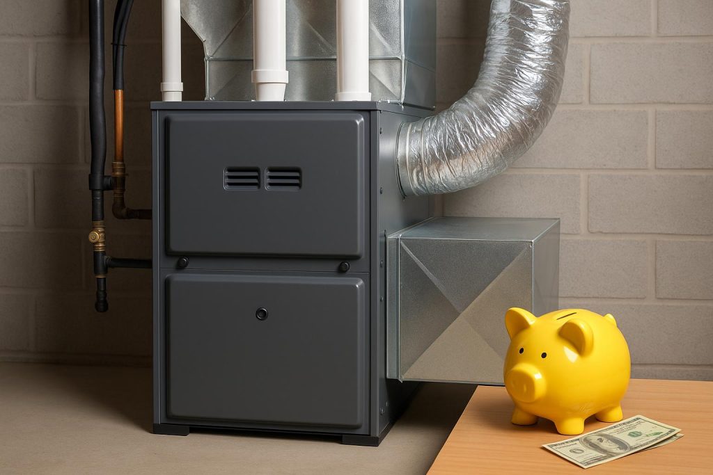 Modern energy-efficient furnace installed in a clean home basement, highlighting utility savings