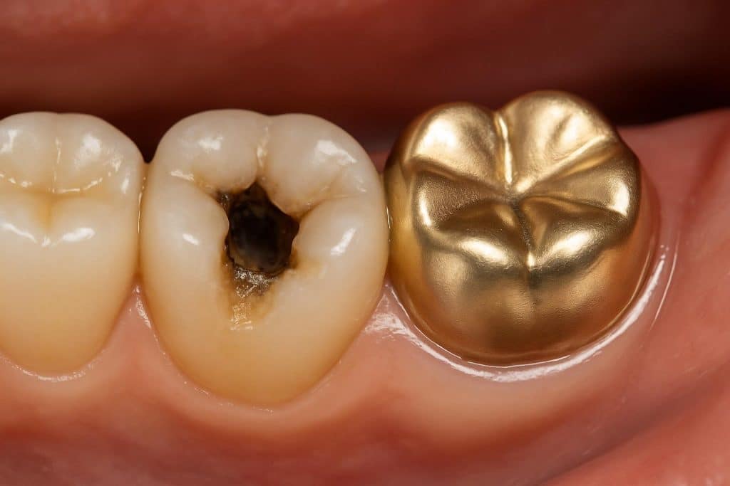 Why Crowns Are Sometimes Better Than Fillings for Large Cavities Dental crown covering a molar with a large cavity, illustrating crown vs filling treatment