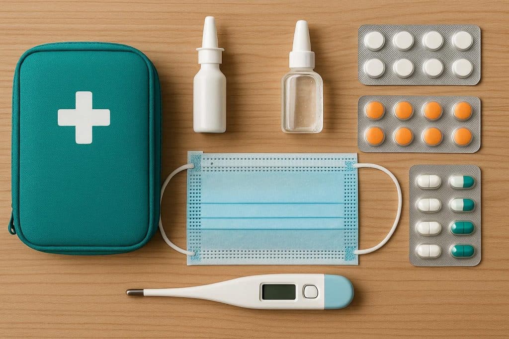 Why Carrying Basic Health Essentials Matters First aid kit, sanitizer, and face mask neatly arranged to highlight importance of health essentials