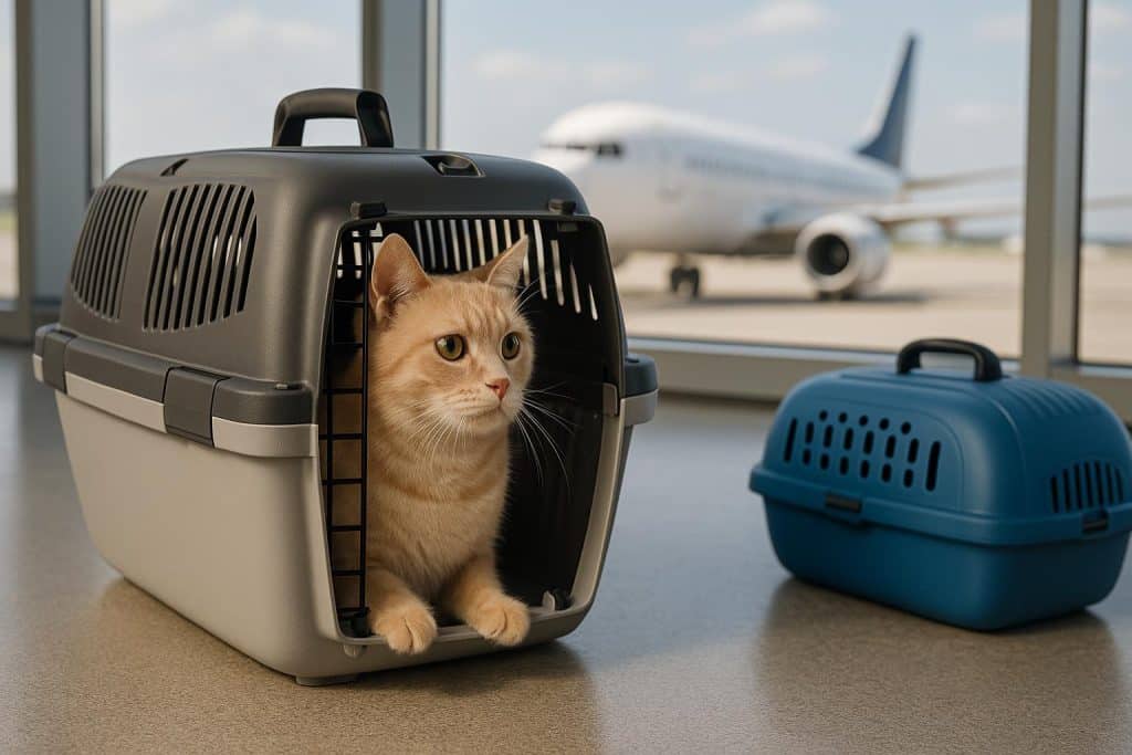 Dog in travel crate at airport, ready for flight, illustrating pet air travel preparation steps
