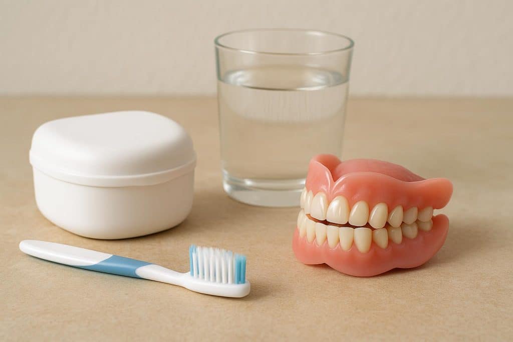 7 Ways to Prevent Damage to Your Dentures in Kyle, TX Dentures care tips with cleaning supplies and protective case, preventing damage in Kyle, TX