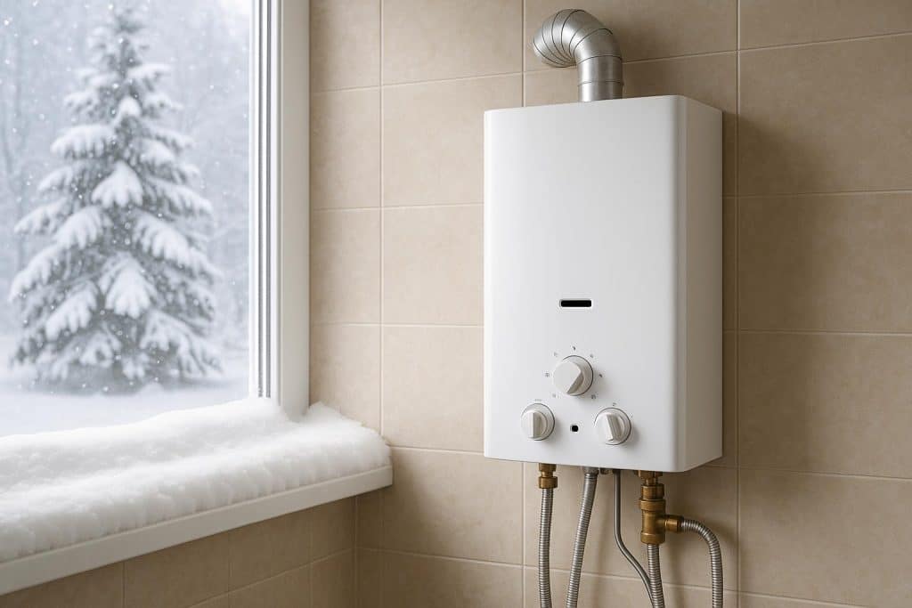 Modern gas geyser installed in a cozy bathroom, highlighting efficient winter water heating
