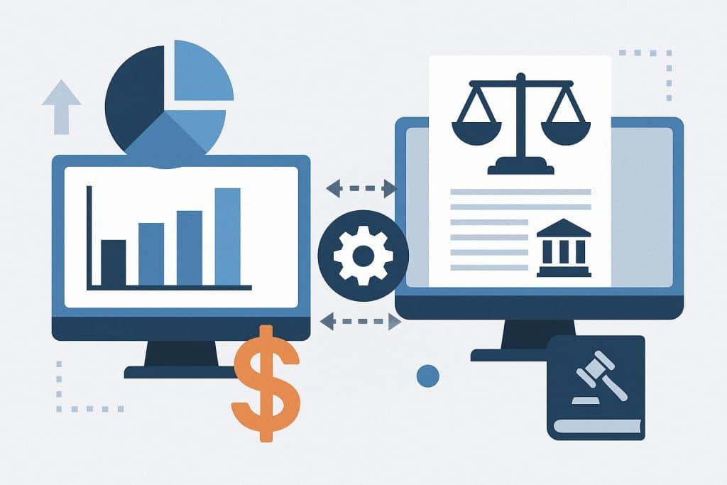 Legal practice management dashboard linking financial reports with law firm case details