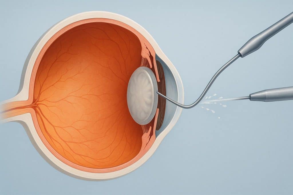 Close-up of cloudy eye illustrating mature cataract before treatment and surgery options