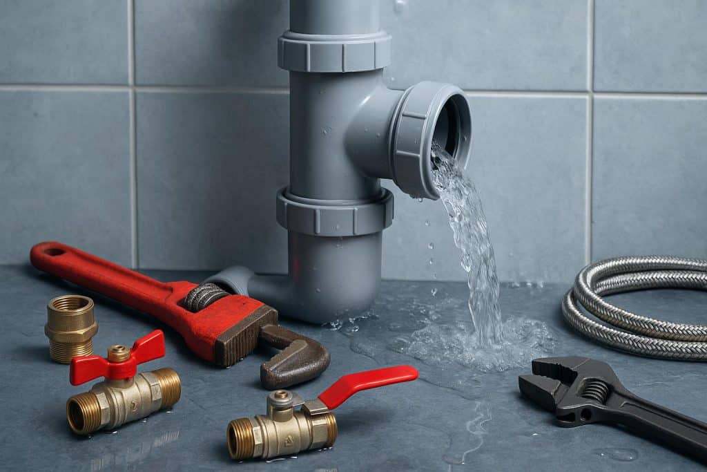 Burst water pipe flooding kitchen floor with tools and supplies for plumbing emergency repair