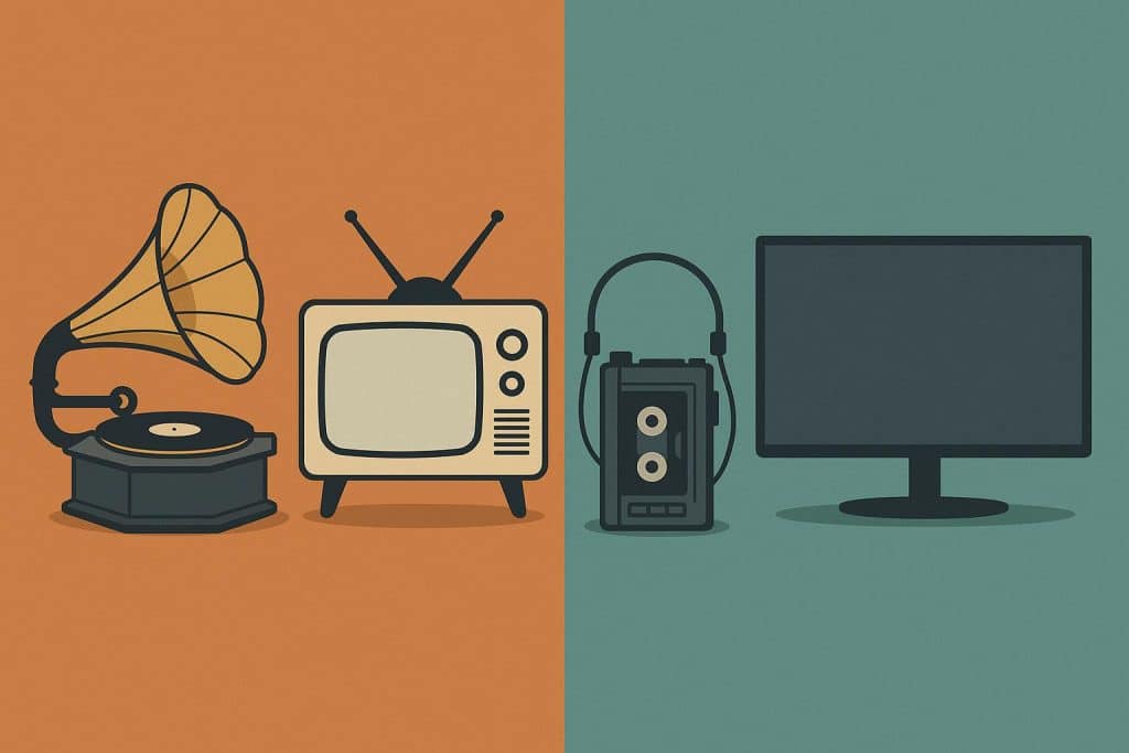 How Entertainment Has Changed Over the Last 100 Years Collage of classic theater, vintage radio, early television, and modern streaming entertainment