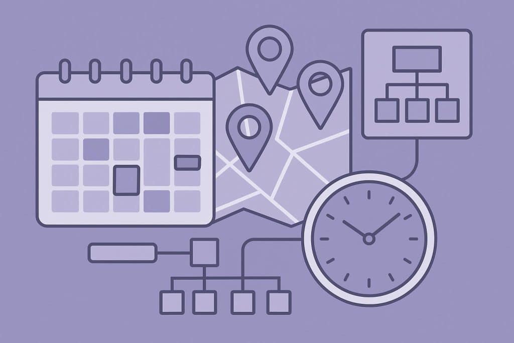 What Scheduling Models Work Best for Multi-Location Salons? Appointment calendar and map pins illustrating scheduling solutions for multi-location salons