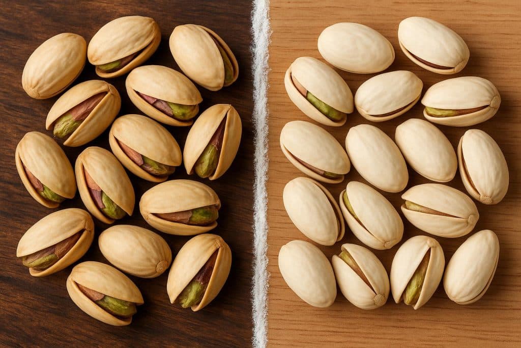 Organic and conventional pistachios side by side highlighting key differences for buyers