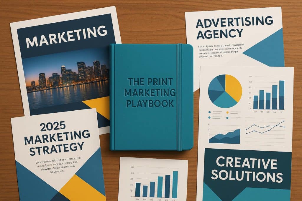 The Print Marketing Playbook: Part 1 — Why Print Still Belongs in Your 2025 Marketing Mix Modern print marketing materials like brochures and magazines displayed on a desk with branding tools
