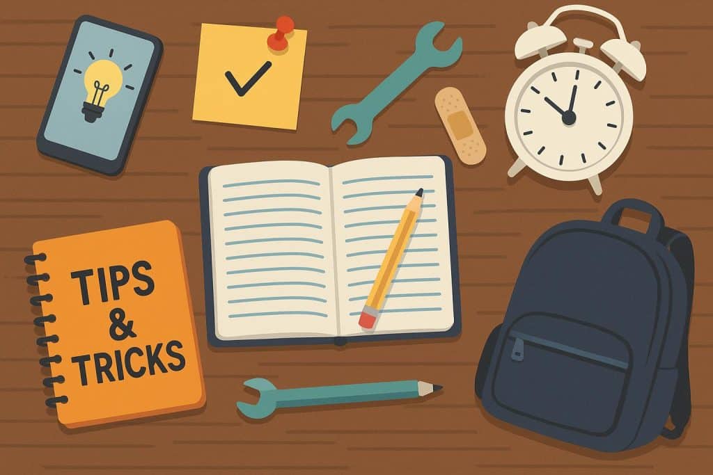 Student Life Hacks: How to Survive Your Final Year at University Desk with open textbooks, laptop, sticky notes, and coffee cup for university study tips