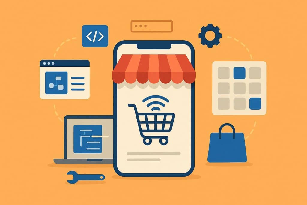 How to Build a Marketplace App Without Coding Illustration of creating a no-code marketplace app with drag-and-drop tools and digital devices