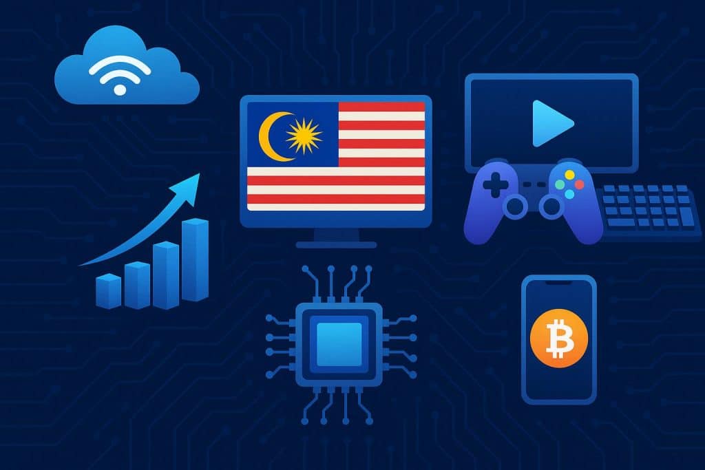 Digital gaming devices and futuristic graphics highlighting technology trends in Malaysia gaming industry