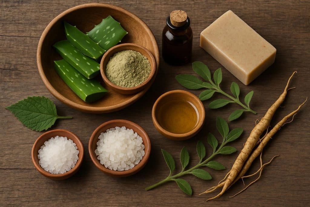 Traditional skincare ingredients with natural herbs and botanicals in cosmetic containers