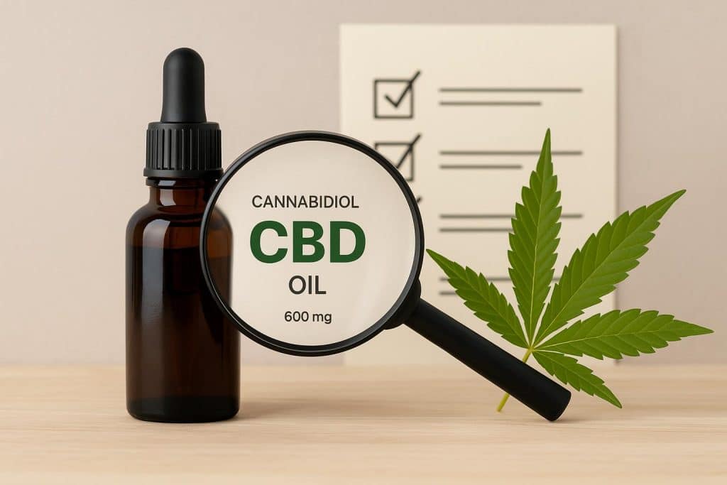 CBD oil bottle with label details and quality indicators highlighted for consumer guidance