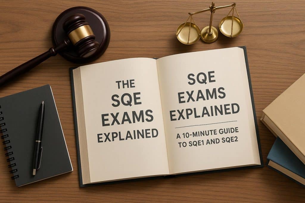 The SQE Exams Explained: A 10-Minute Guide to SQE1 and SQE2 SQE1 and SQE2 exams overview with study materials and legal symbols for solicitor qualification