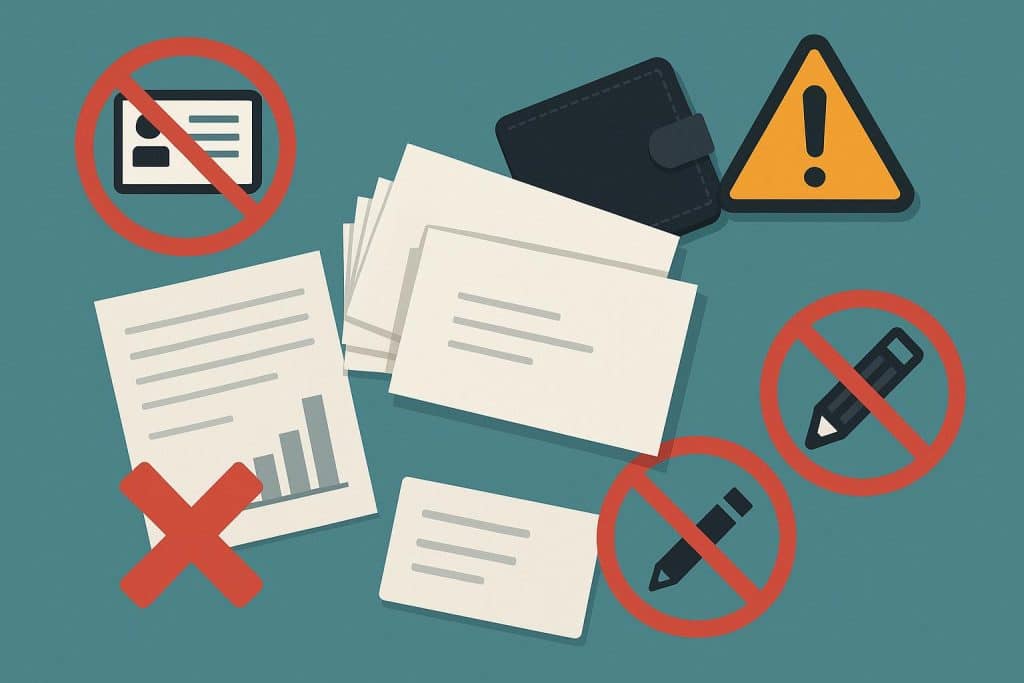 Common Business Card Mistakes and How to Avoid Them Stack of business cards with design errors like typos and poor layout on an office desk