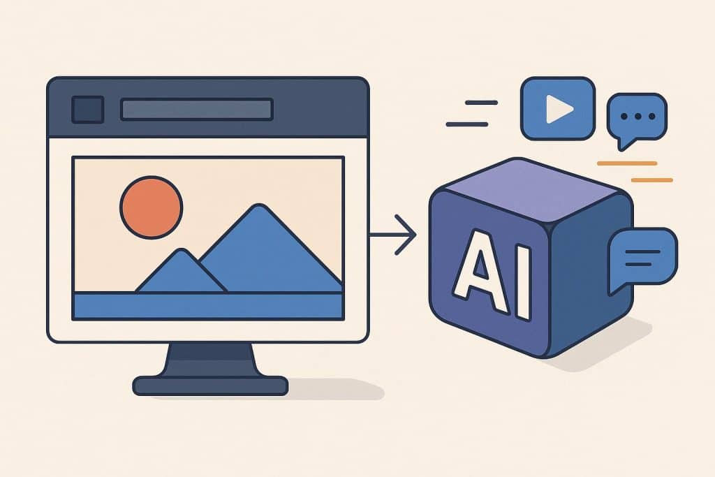 AI-generated digital content evolving from simple graphics to immersive multimedia experiences