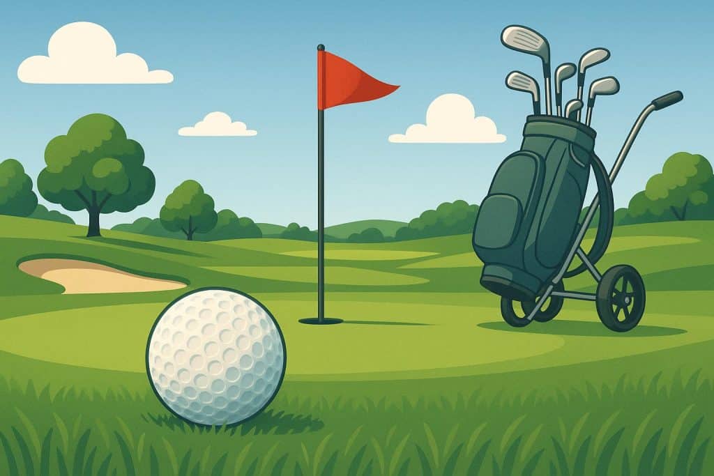 Golf course landscape featuring clubs, golf balls, and modern equipment under clear skies