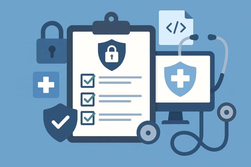 Healthcare software dashboard with security icons and compliance checklist for buyer guidelines