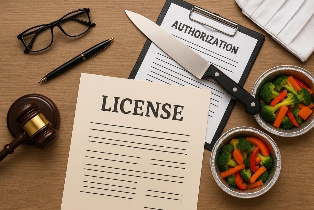 Catering business paperwork with licenses, permits, and legal documents on a desk