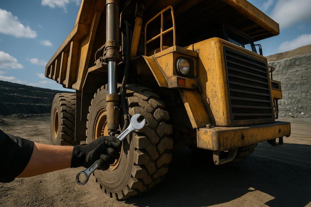 Heavy-duty mining equipment undergoing routine maintenance at an open-pit mining site