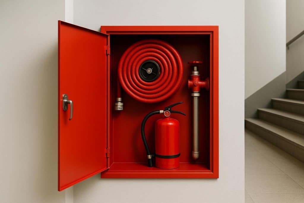 Fire safety cabinet installed in the hallway of a multi-story residential building