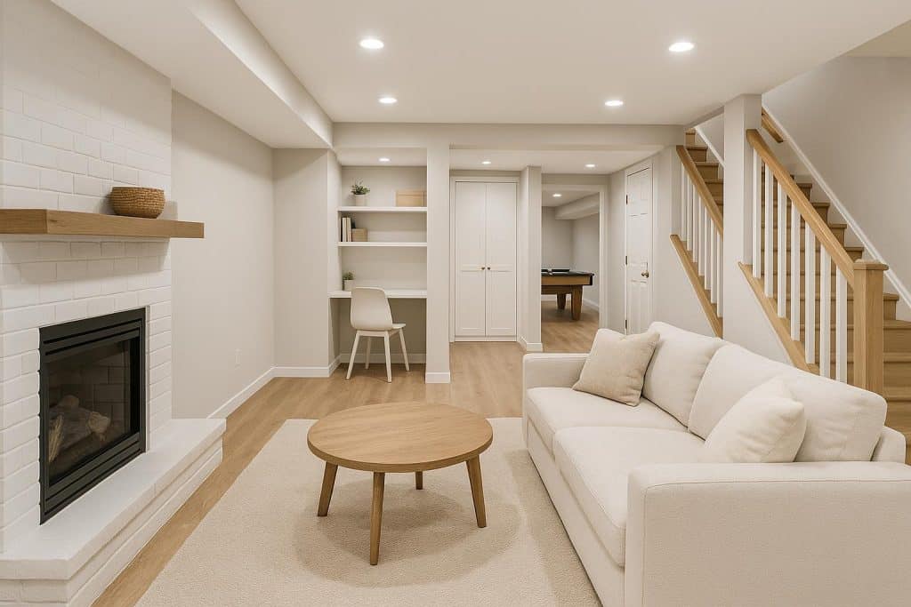 Modern finished basement with home theater and bar, showcasing popular remodeling in Kent WA