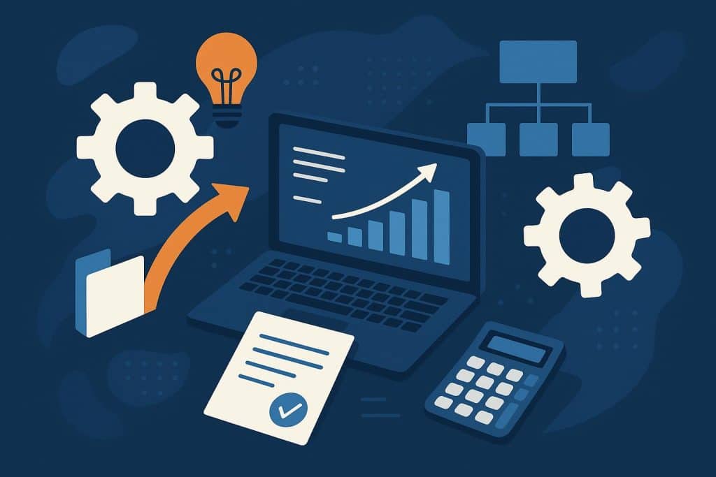 Modern workspace with digital tools and charts representing efficient business operations