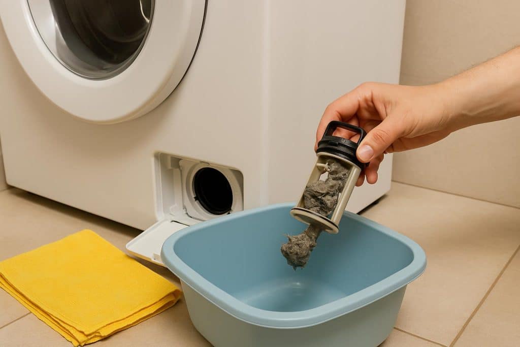 Person cleaning a washing machine filter to improve laundry performance and appliance efficiency