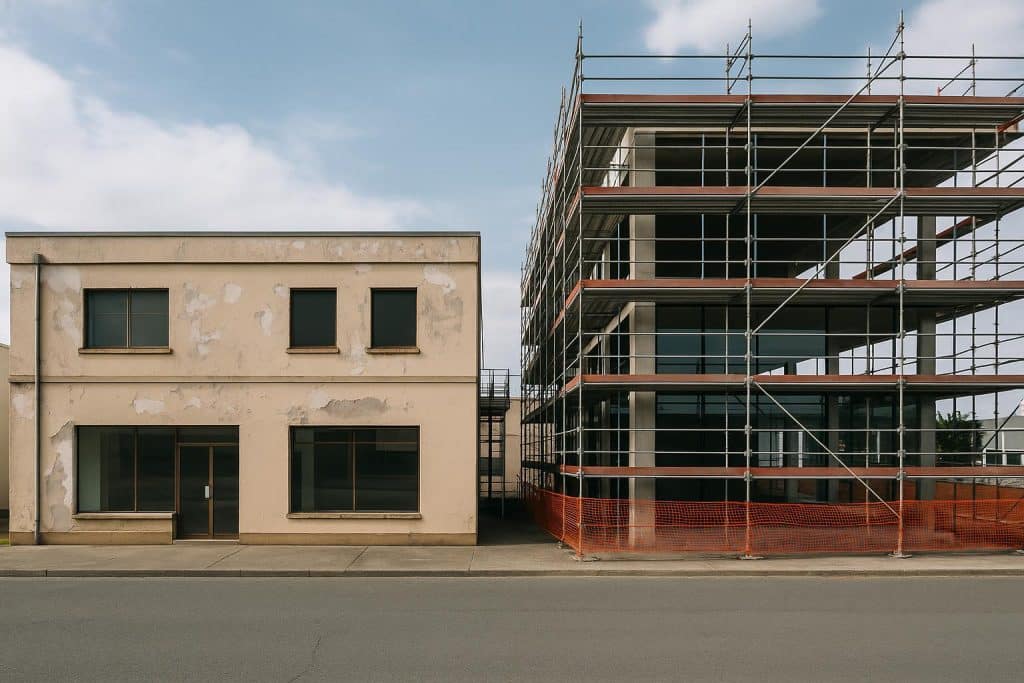 Modern commercial building under construction with renovation and demolition equipment visible